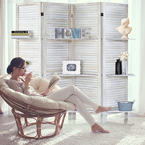 RHF 4 Panel 5.6 Ft Tall Partition Wood Room Divider, Wood Folding Room Divider Screens, Panel Divider&Room Dividers, Room Dividers and Folding Privacy Screens with Shelves(4 Panel,Coconut) - color: Coconut, style: 4 panel