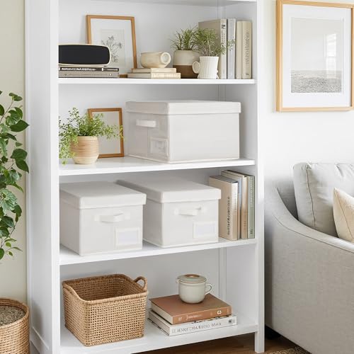 GRANNY SAYS Storage Bins with Lids, Decorative Storage Boxes with Lids | Storage Box with Dust Cover, Handles & Lable, Collapsible, Ideal for Closet Clothes Blanket Toys, Medium, Ivory, 3-Pack - color: Ivory, size: Medium