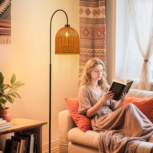 MAYNA Black Arc Floor Lamp with Handwoven Rattan Shades | Standing Reading Light, Tall Boho Mid-Century Lamp for Living Room Bedroom Coastal Rustic Decor, Bulb Included - color: Black 1 light