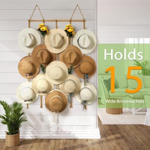 Macrame Hat Organizer for Wall with 15 Clips for Fedora Storage, Brown | 31x66in Large Hat Hangers Rack for Wide Brim Sun Straw Panama, Boho Hat Holder Decor Display for Closet Bedroom, Keeps Shape - color: Brown, size: 31.5x66.87in-15 hats
