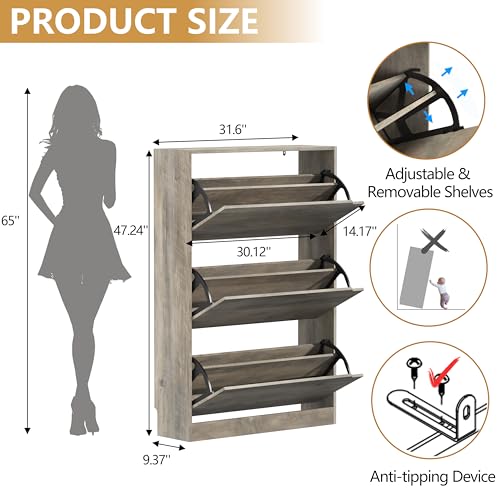 Narrow Shoe Cabinet for Entryway, Slim Shoe Storage Cabinet with 3 Flip Drawers, Hidden Wood Shoe Cabinet Storage, Freestanding Shoe Rack Organizer Foyer, Hallway, Grey - color: Grey, style: Hidden 3 Drawers