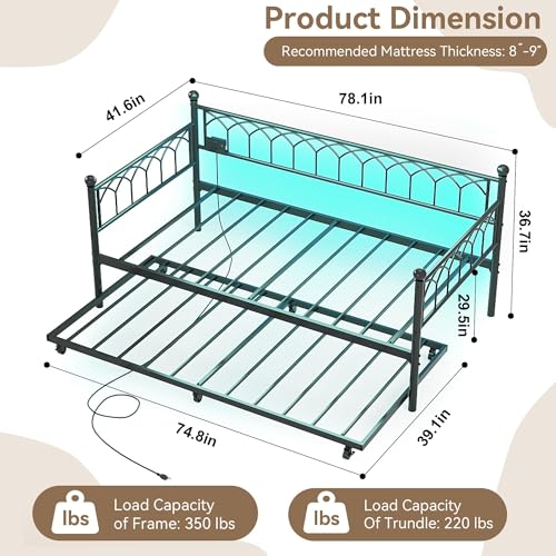 IDEALHOUSE Twin Daybed with Trundle, Day Bed with Charging Station and LED Lights, Heavy Duty Metal Bed Frame, Metal Sofa Bed Frame with Steel Slat Support for Living Room, Bedroom, Apartment, Black | Charging Station, LED Lights, Pull-Out Trundle, Space-