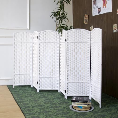 6-Panel Short Room Divider, 3.9 ft Freestanding Partition Wall, Natural White Rattan Double-Sided Folding Screen for Living Room, Bedroom & Corner Privacy - color: White, size: 6 Panel