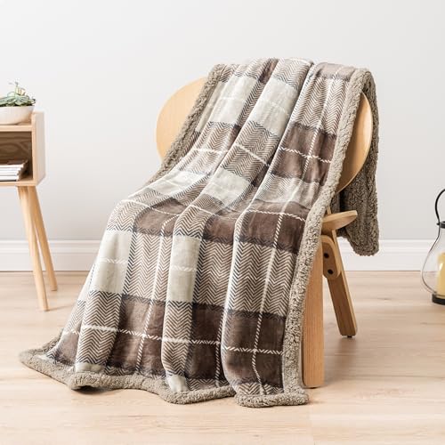 PAVILIA Plaid Sherpa Throw Blanket for Couch Sofa Bed, Dark Grey, 50x60 | GSM 460; Soft Plush Flannel Fleece; Warm&Cozy for Home; Machine Washable, Perfect Cabin Decor Winter Holiday Christmas Gift - color: Plaid Taupe, size: 50 x 60 Inches