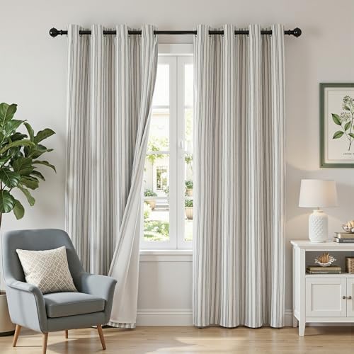 MYSKY HOME Striped Curtains 100% Blackout 84 Inches Long Black Stripe Farmhouse Rustic Curtains for Bedroom Living Room Patterned Linen Blended Double Layer Drapes, Grommet, 2 Panels, 52" Wide - color: B-black/Blackout, size: 52"W x 84"L (Pack of 2)