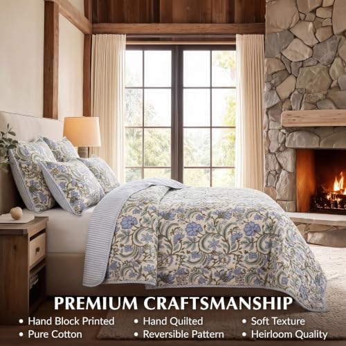 Block Print Reversible Cozy Quilt Columbia Blue Queen 90" x 96" Lightweight Blanket for Sofa, Couch, Bed Soft Breathable Comforter Handmade Bedspread Duvet for Farmhouse, Home, Winter - color: Columbia Blue, size: Queen 90" x 96"
