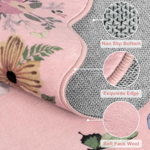 Washable Scalloped Butterfly Entryway Rug, 2x3 Pink Non-Slip Boho Indoor Door Mat Ultra Thin Soft Small Kitchen Rug, Modern Botanical Floral Throw Carpet for Bathroom Entrance Bedroom - color: Pink Butterfly, size: 2' x 3'