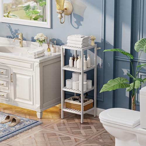 SMIBUY Bathroom Storage Shelf, 4-Tier Bamboo Rack Organizer, Multifunctional Shelving Unit for Living Room Bedroom Kitchen (White) - color: White, size: 4 Tier