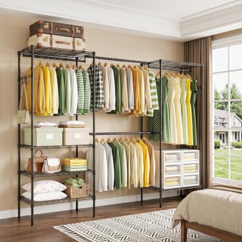 Expandable Clothes Rack, 15.7" D x (70.9"-90.6") W x 76.8" H, Black | Freestanding Wire Garment Clothing Rack with 4 Hanging Rods, Max Load 1000lbs, Adjustable, Heavy Duty - color: Black