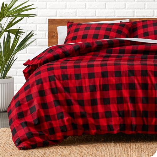 Bare Home Flannel Duvet Cover Set (Twin/Twin XL, Buffalo Plaid - Red/Black) | 100% Cotton, Velvety Soft, Heavyweight, Premium Flannel, Double Brushed, Includes Sham Pillow Cover - color: 14 - Buffalo Plaid - Red/Black (No Comforter), size: Twin/Twin XL