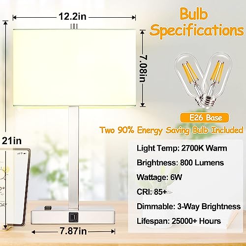 21" Touch Bedside lamps with 2 USB & AC Outlets, 3-Way Dimmable Bedside Table Lamps Set of 2 for Bedroom Living Room Office Reading, White Shade Lamps for Night Stands, 3000K LED Bulbs Included - color: (2 pack)White Cream Linen & Brushed Nickel(Base)-300