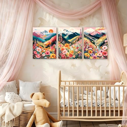 Frimeeme Colorful Floral Mountain Wall Art Set of 3, Boho Nature Landscape Print, Unframed, for Living Room Bedroom Bathroom Office Home Decoration 12x16in - color: Unframed - Colorful Floral Mountain Wall Art, size: 12"L x 16"W x 3Pieces