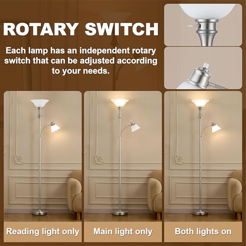 Torchiere Floor Lamp with Adjustable Angle Reading Lamp-Silver 71IN | Standing Lamp for Bedroom with Glass Shade, Tall Floor Lamp for Living Room Decor, Office, Corner, Knob Switch, Bulb Included - color: Silver