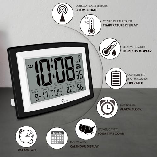 12.5 Inch Atomic Clock with Indoor Temperature and Humidity | Battery Operated Digital Wall or Desk Clock, Auto DST, Large Display for Seniors, Self-Setting, for Classroom, Garage, Office - size: Large