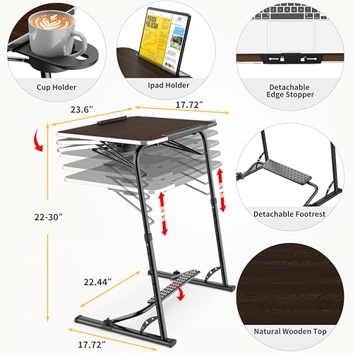 Upgraded Folding TV Tray Table, Sturdy Couch & Dinner Laptop Table | Adjustable Height & Angle Portable Desk for Eating, Work & Recliner; Includes Footrest, Cup Holder, iPad Holder, Edge Stopper - color: (Black) - Dark Wood Mahogany