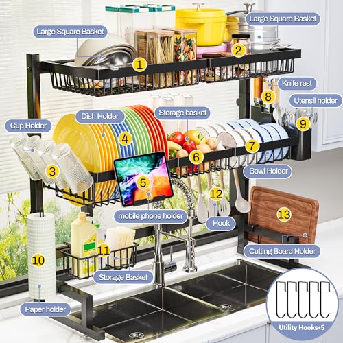 ADBIU Over The Sink Dish Drying Rack (Expandable Height and Length) Snap-On Design 2 Tier Large Dish Rack 31-39.4L x 12W x 34-38H inches - color: Black, size: 31 - 39.4L x 12W x 34 - 38H (inches)