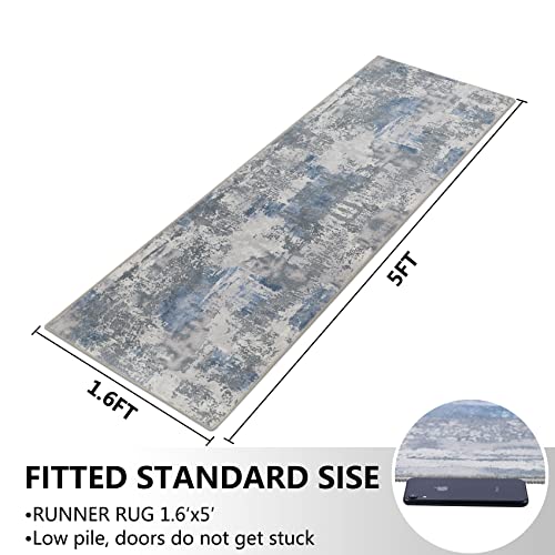 famibay Washable Runner Rugs with Rubber Backing Modern Abstract Runner Rug Non Slip Soft Flurry Floor Carpet Runner Indoor Rug Runners for Kitchen Bathroom Bedroom - color: Blue and Grey, size: 2 x 5 feet