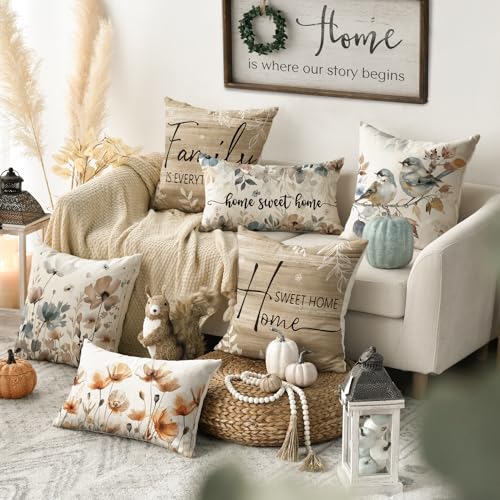 AVOIN colorlife Chinoiserie Poppy Flowers 18x18 Inch Pillow Covers Set of 4 | Chickadee Home Sweet Home Floral Seasonal Autumn Harvest Decoration for Sofa Couch Farmhouse Living Room Decor - size: 17.7" x 17.7" (Pack of 4)