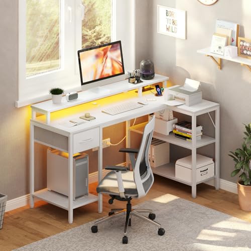 DUMOS 47 Inch Gaming Desk, Monitor Stand, LED Lights, Storage Shelves | USB Charging Ports, Power Outlets, Reversible L Shaped Corner, Small Spaces, White - color: White, size: 31.5‘’x 31.8'' x 47''
