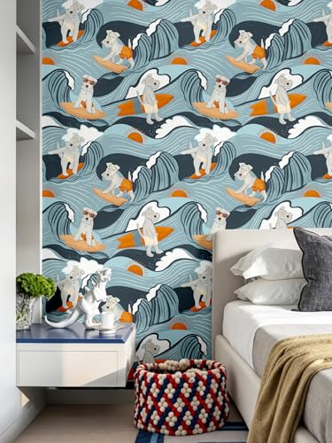 Floralplus Peel and Stick Wallpaper Dog Renter Friendly Wallpaper | Removable, Textured, Waterproof, Stick On Contact Paper, Funny Puppy Blue Wallpaper for Bathroom Nursery, 17.5 x 118 in - color: Blue