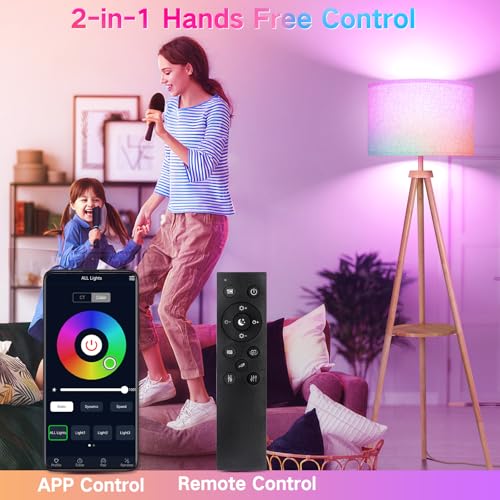 OUTON Tripod Floor Lamp with Shelves, Mid Century Dimmable Wood Floor Lamp with Remote Control, 4 Color Temperatures, Standing Tall Lamp with Linen Shade for Living Room, Bedroom, Office, Oak Hardwood - color: Wood (RGB)