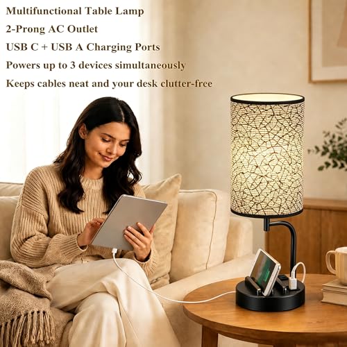 Dreamholder Touch Control USB Table Lamp with USB C/A & AC Outlet, 3-Way Dimmable Bedside Lamp, Modern Nightstand Lamps for Bedroom Living Room Guest Room Office, Bulb Included, Miracle Black - color: Miracle Black