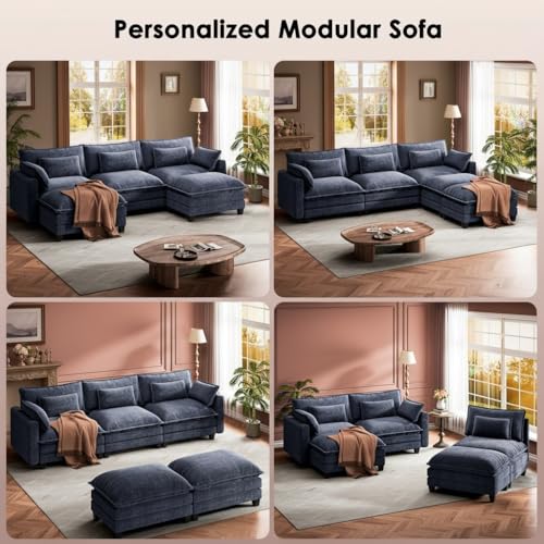 Marsail Modular Sectional Sofa 110.6" U-Shaped Modern Comfy Cloud Couch, 5-Seat Chenille Deep Seat Sofa with Throw Pillow & Movable Ottoman for Living Room, Bedroom and Apartment, Navy Blue - color: Blue, size: 110.6" - U Shape