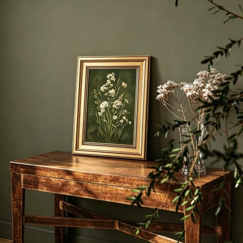 Vintage Gold Framed Wall Art, Dark Green Botanical Floral Art Print, Simple White Wildflower Canvas Wall Decor Painting Pictures, Plant Artwork Print for Bedroom Living Room and Office - color: Dark Green Floral, size: 12" x 16"