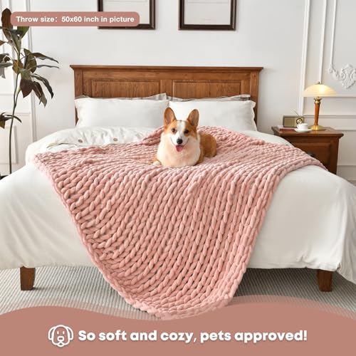 Soft Chunky Knit Blanket, 60X80 in Handmade Thick Chenille Yarn Throw Without Shedding & Raveling, Aesthetic & Cozy Home Decor with Couch Sofa Bed, Gift Pack, Pale Pink - color: Pale Pink, size: 60x80 inches