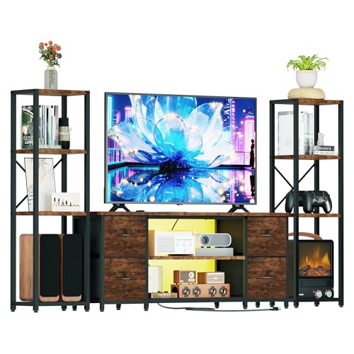LED TV Stand Bookshelf Combo with Charging Station for 65 60 55 Inch TV, Entertainment Center with Lights & Drawers, Industrial Media TV Console Table for Living Room Bedroom Office, Rustic Brown - color: Rustic Brown