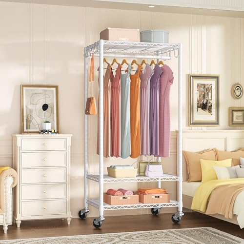 Rolling Clothes Rack, Clothing Racks for Hanging Clothes, White | P6 Medium Heavy Duty Garment Rack with Wheels, Freestanding Portable Closet Rack with Shelves, 30 In Wide, Max Load 370 LBS - color: White, size: P6 Medium