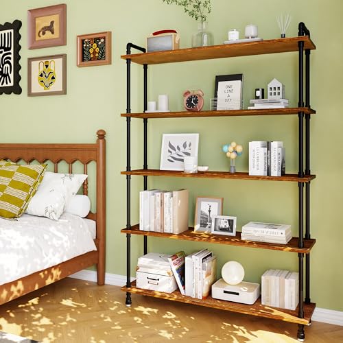 Industrial Bookshelf, Pipe Shelf Bookcase, 5 Tier, 48" Rustic Brown | Solid pine shelves, 48 inch wide, black pipe frame, 50 lbs per shelf, open bookcase for books, plants, office - color: Rustic Brown, size: 48"L × 70"H