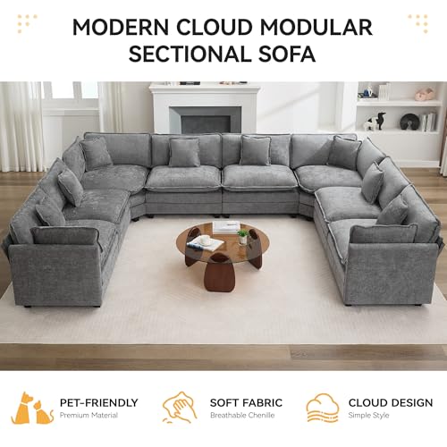 147'' Oversized U Shaped Cloud Sectional Sofa, Chenille Deep Seat Couches for Living Room, Comfy Upholstered Modular Sectional Sofa Couch, Grey - color: Grey, size: 147'' Oversized U Shape