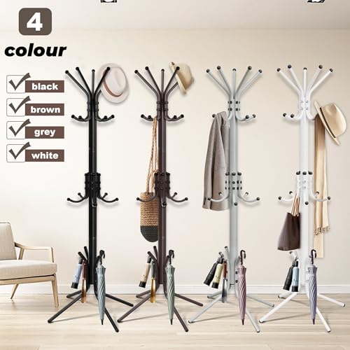 Metal Coat Rack, Freestanding Coat Tree & Hall Tree with 15 Hooks, Sturdy Coat Rack Stand and Hat Rack, Coat Hanger for Entryway, Bedroom, Office for Jackets, Hats, Bags, Grey - color: GREY