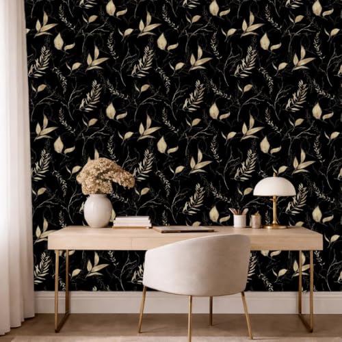 Dark Black and Gold Leaf Peel and Stick Wallpaper 17.7" x 213" | Self-adhesive removable waterproof leaf design for bedroom accent walls and renter friendly spaces - color: Black&Gold, size: 17.7" x 213"
