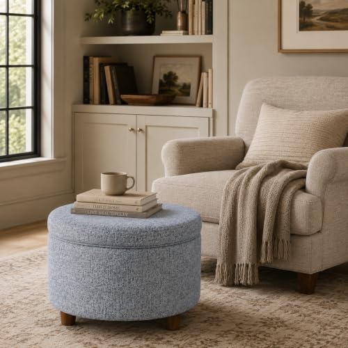 HomePop 24" Large Round Storage Ottoman - Blue Gray Woven Fabric - color: Blue Gray Woven Fabric
