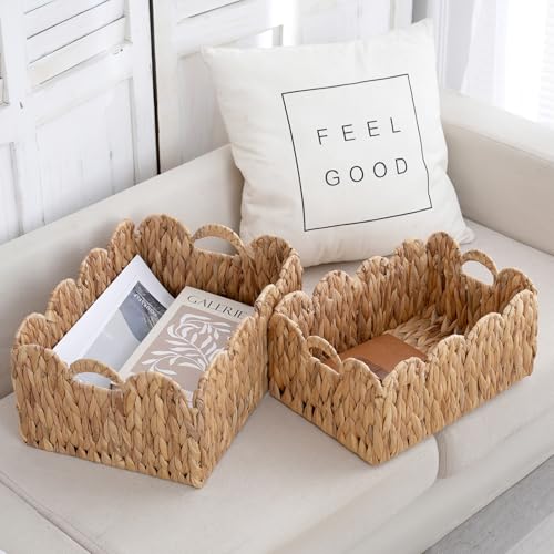 Wicker Storage Baskets with Handles, Woven Organizer, 2-Pack | 2-pack natural wicker baskets with handles in large and small sizes; woven organizers for home, kitchen and nursery storage. - size: 2PC, style: Wave
