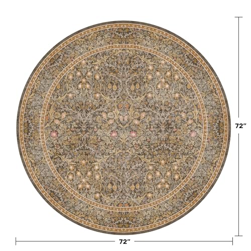Brown Gold 6ft Round Washable Rug for Living Room, Dining Under Table, Bedroom, Lounge - Vintage Botanical Floral, Washable Low Pile Non-Slip Circle Carpet - color: Gold Brown, size: 6' (Round)