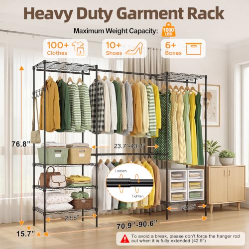 Expandable Clothes Rack, 15.7" D x (70.9"-90.6") W x 76.8" H, Black | Freestanding Wire Garment Clothing Rack with 4 Hanging Rods, Max Load 1000lbs, Adjustable, Heavy Duty - color: Black