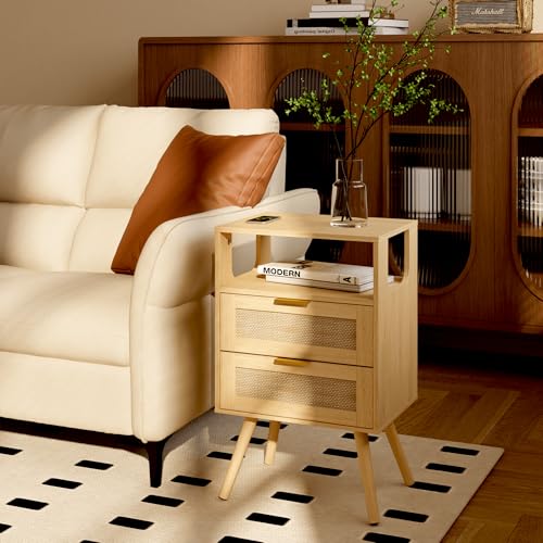 Rattan Nightstand,Farmhouse Bedside Table with 2 Storage Drawer and Open Wood Shelf, for Bedroom and Small Spaces,Night Stand with Solid Wood Legs (Yellow Oak) - color: Yellow Oak