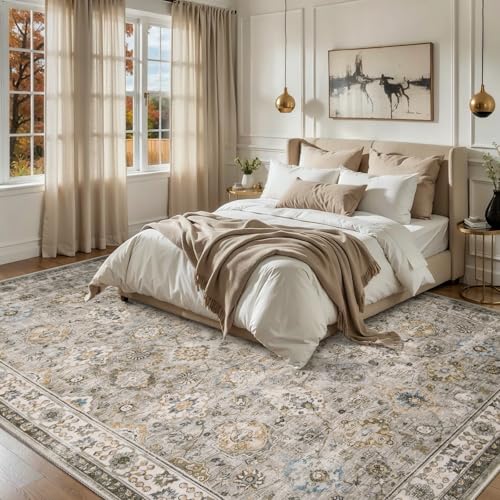 Tangsoo Washable 5x7 Area Rug for Living Room Bedroom,Boho Beige Floral Rug | Vintage Farmhouse 5 x 7 Rug Non Slip,Soft Low Pile Large Grey Neutral Rug Indoor Carpet for Office Dinning Room Laundry Room - color: Distressed Beige Grey, size: 5' X 7' (Recta