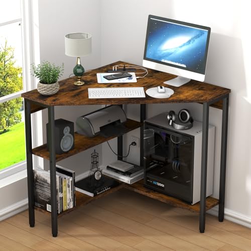 Triangle Corner Desk with Power Outlets, Storage Shelves for Small Space | 90 Degree Corner Table with CPU Stand, Computer Table with Charging Station for Home Office, Bedroom (Rustic) - color: Rustic