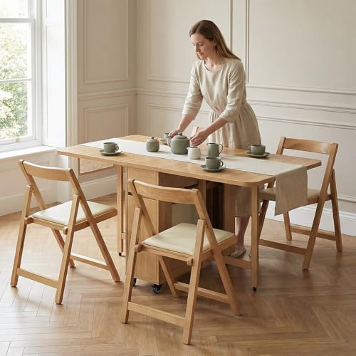 Folding Dining Table Set with 6 Chairs, Mobile Solid Wood Expandable Table, Space-Saving Drop Leaf Table, Multi-Functional Kitchen Island Cart for Small Apartment, Dining Room - 1.4m