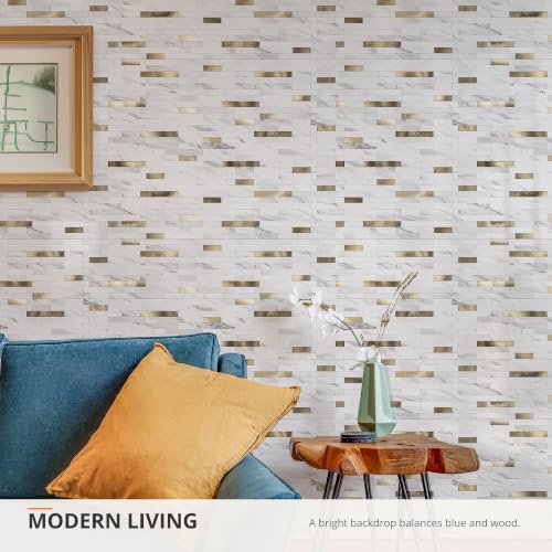 StyloVue 20 Sheets Peel and Stick Backsplash for Kitchen, Sparkle White Marble Look with Gold Metal, Glossy Finish, Stick on Tile for Kitchen Backsplash, RV, Fireplace - color: Sparkle White Marble