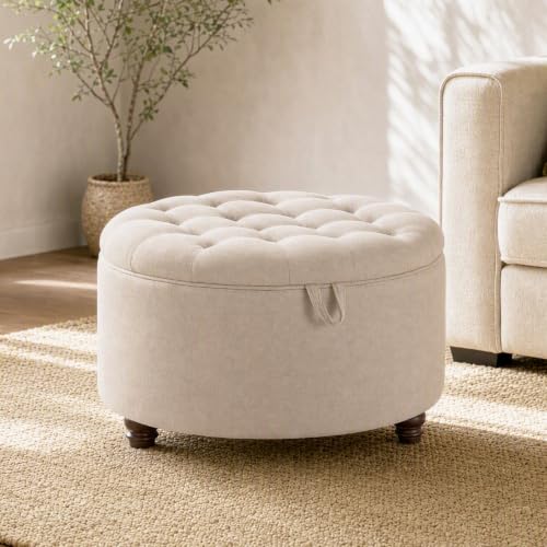 30" Round Storage Ottoman Coffee Table, Tufted Lid & Wood Top, Khaki | Nailhead Trim Solid Wood Legs Extra Large Footrest Linen-Like Fabric - color: Khaki