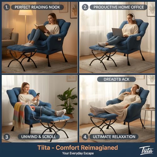 Lazy Chair with Ottoman, Comfy Reading Accent Chair, Blue | Foldable Footrest, Padded Seat and Backrest, Side Pocket for Lounging in Living Rooms, Bedrooms, Dorms and Small Spaces - color: Blue