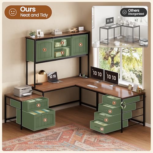 SEDETA Reversible Farmhouse L Shaped Office Desk with 6 Drawer, Hutch | Computer Corner Desk with Power Outlet, File Drawer & Printer Storage Shelves, for Home Office/Two Person, Black - color: Black