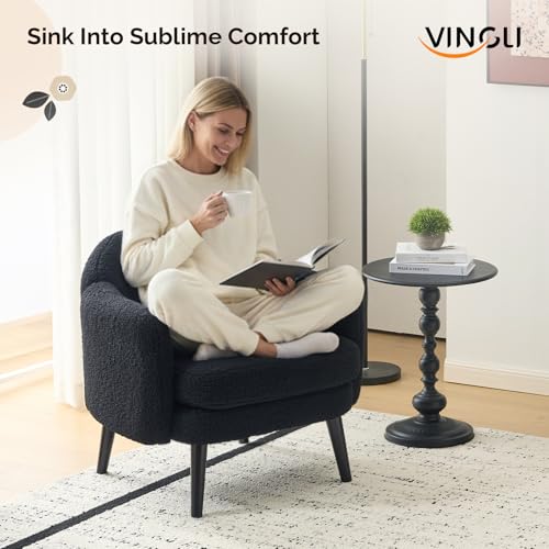 VINGLI 30.3" Wide Modern Barrel Accent Armchairs Set of 2 with Track Armrest, Solid Wooden Legs, Comfy Upholstered Club Chairs, Single Home Sofa for Living Room, Bedroom, Reading,Teddy Fleece Black - color: Black