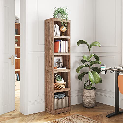 LINSY HOME 5-Shelf Bookcase, Narrow Bookshelves Floor Standing Display Storage Shelves 68 in Tall Bookcase Home Decor Furniture for Home Office, Living Room, Bed Room - Dark Brown - color: Dark Brown, size: 5 Shelf Narrow 68.3"H