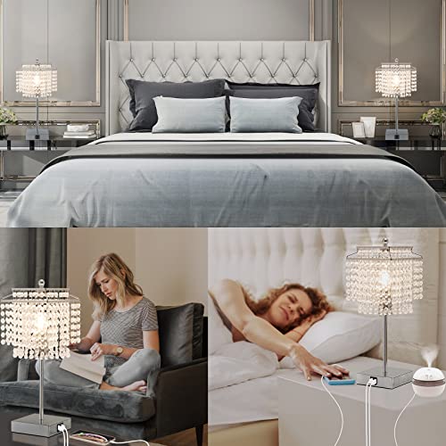Luvkczc Crystal Table Lamp with Touch Control Set of 2, USB Bedside Table Lamp with USB C+A Ports, Dimmable Lamp with Crystal Shade for Bedroom, Living Room, 6W LED Bulb Included - color: Silver, 2 Pack
